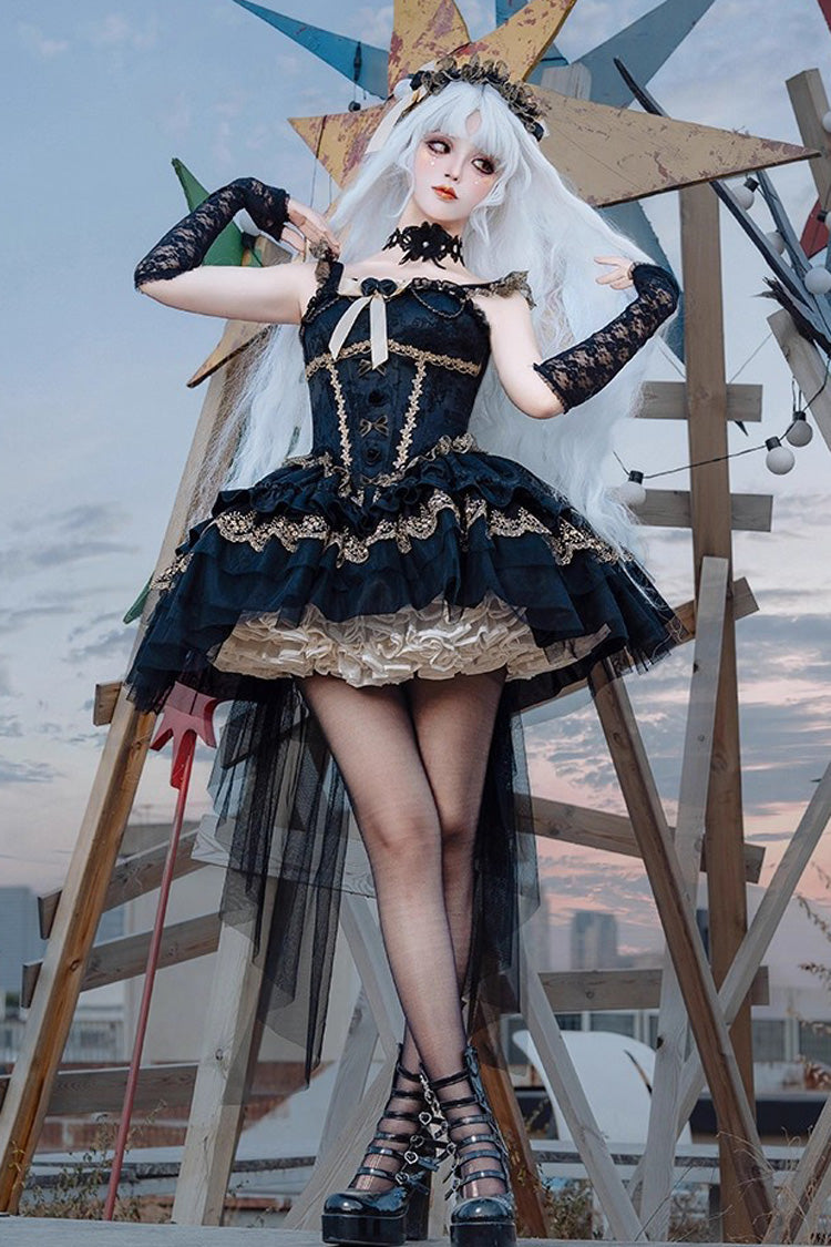 Black Fleeting Light and Shallow Dream Sleeveless Multi-Layered Ruffle Bowknot Lace Slim Gothic Ballet Lolita Jsk Dress