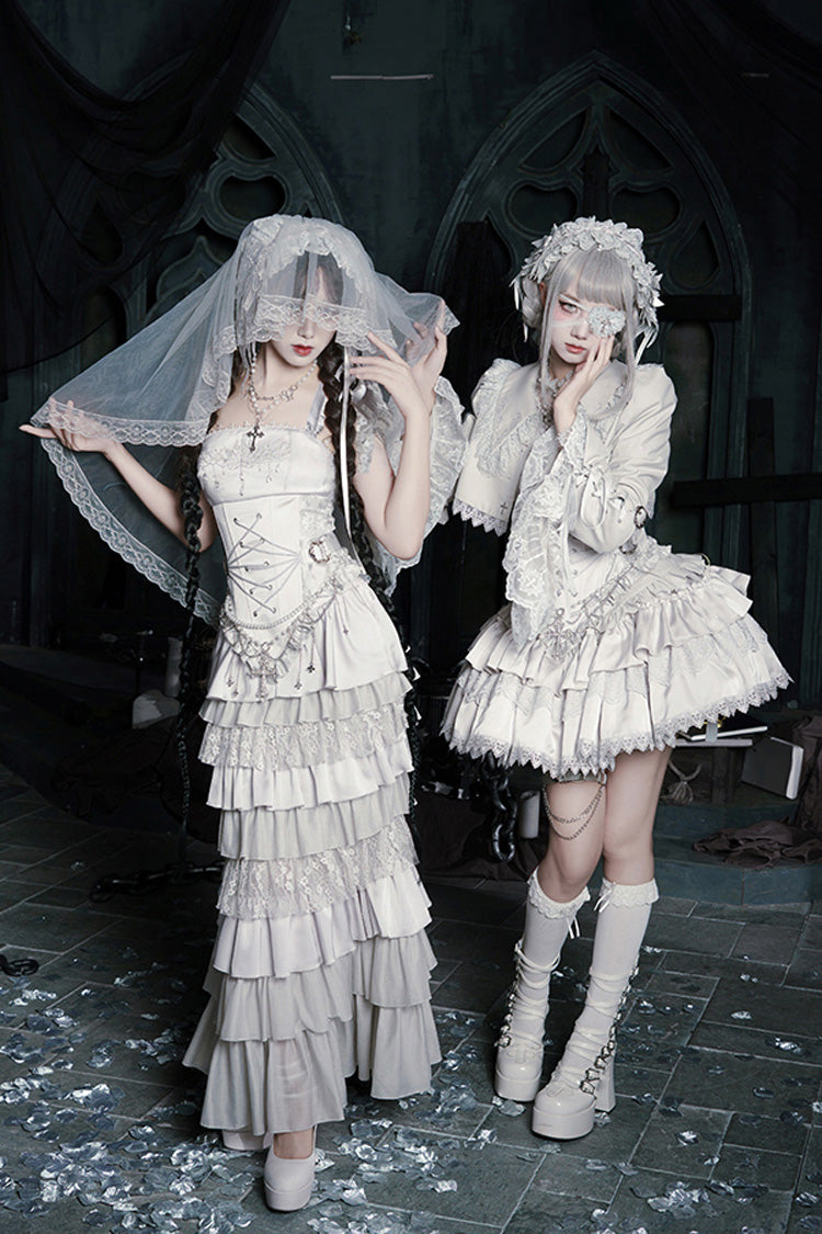 Solid Color Bionic Doll Square Collar Multi-Layered Ruffle Bowknot Lace-Up Gothic Lolita Fishtail Skirt Corset Set