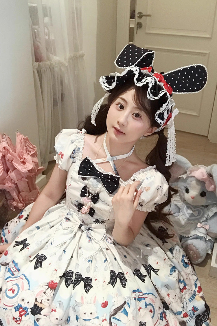 Beige Mystery Rabbit Tea Party Square Collar Short Sleeves Print Ruffle Bowknot Lace Sweet Lolita Dress