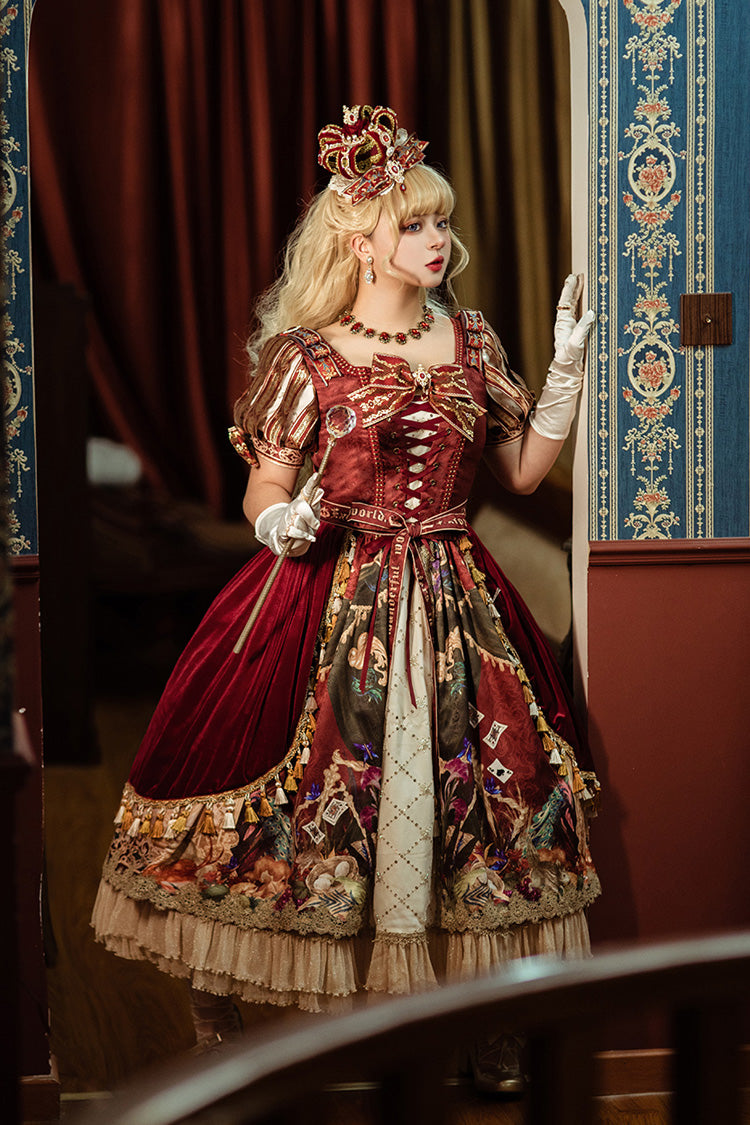 Red Kaleidoscope of Dreams Double-Layered Print Embroidery Bowknot Lace-Up Classic Vintage Gorgeous Lolita Dress