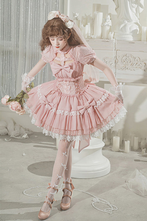 Pink Cross Round Collar Lace Short Sleeves Waist Ruffled Butterfly Sweet Lolita Dress