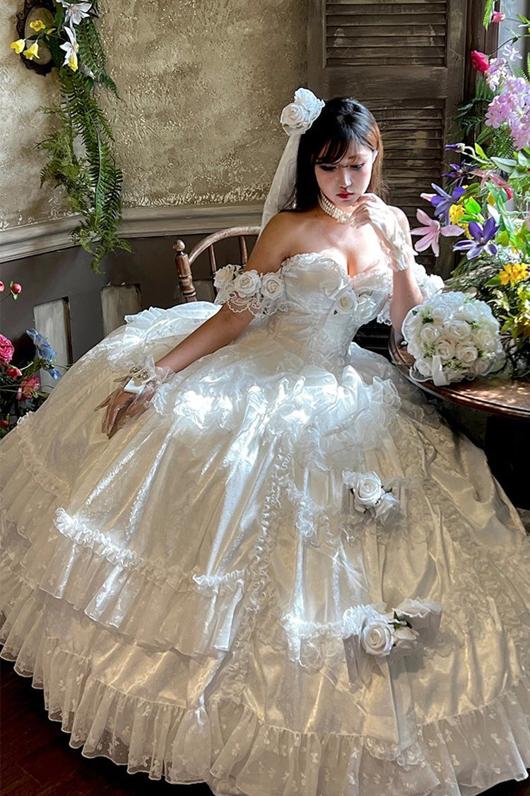 White Love and Roses Ruffle Hanayome Bowknot Lace Sweet Princess Lolita Jsk Dress