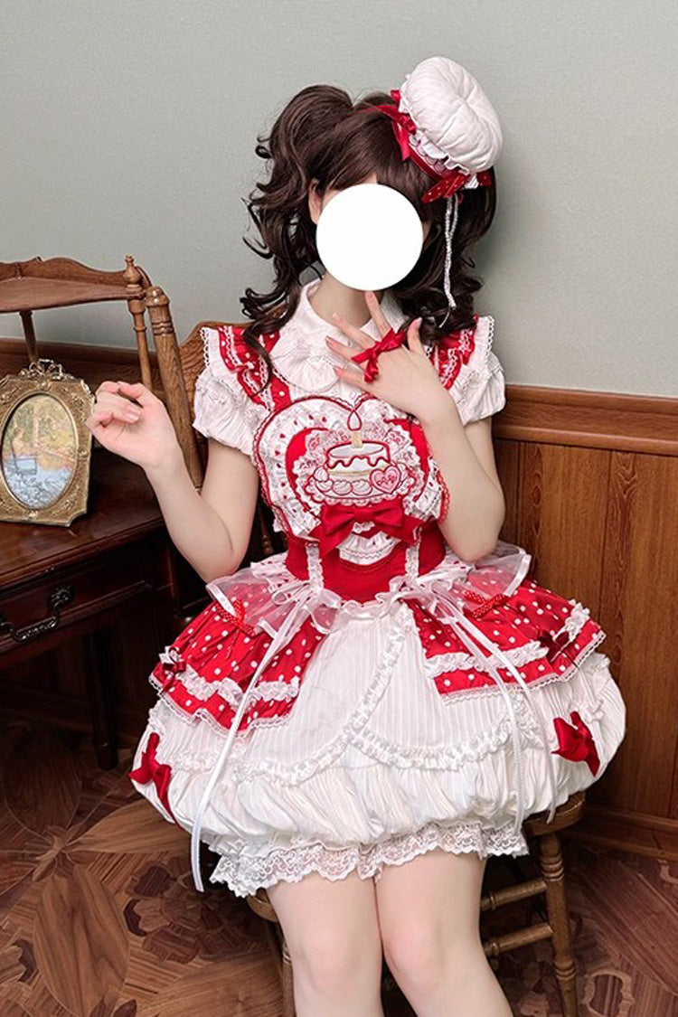 Red/White Twin Bears Birthday Cake Sleeveless Print Ruffle Bowknot Lace Sweet Lolita Big Flower Bud Dress