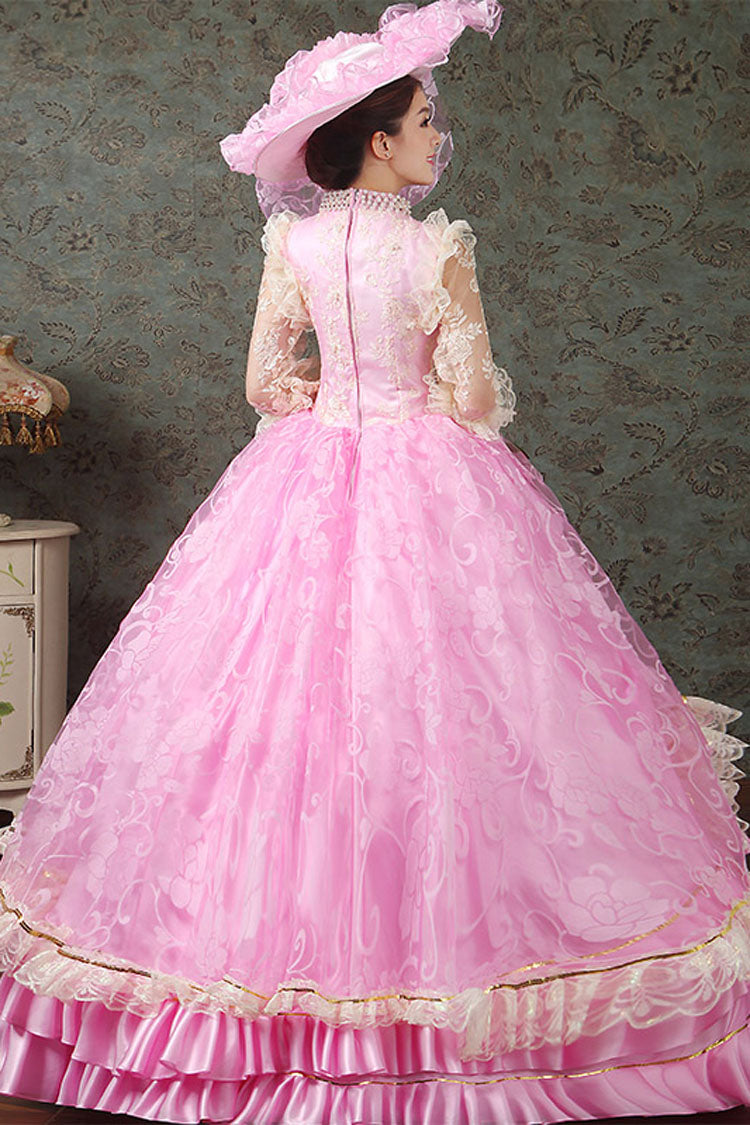Pink Half Sleeves Lace Stitching High Waisted Hollow Embroidery Floral Print Ruffled Multi-Layer Victorian Lolita Prom Dress