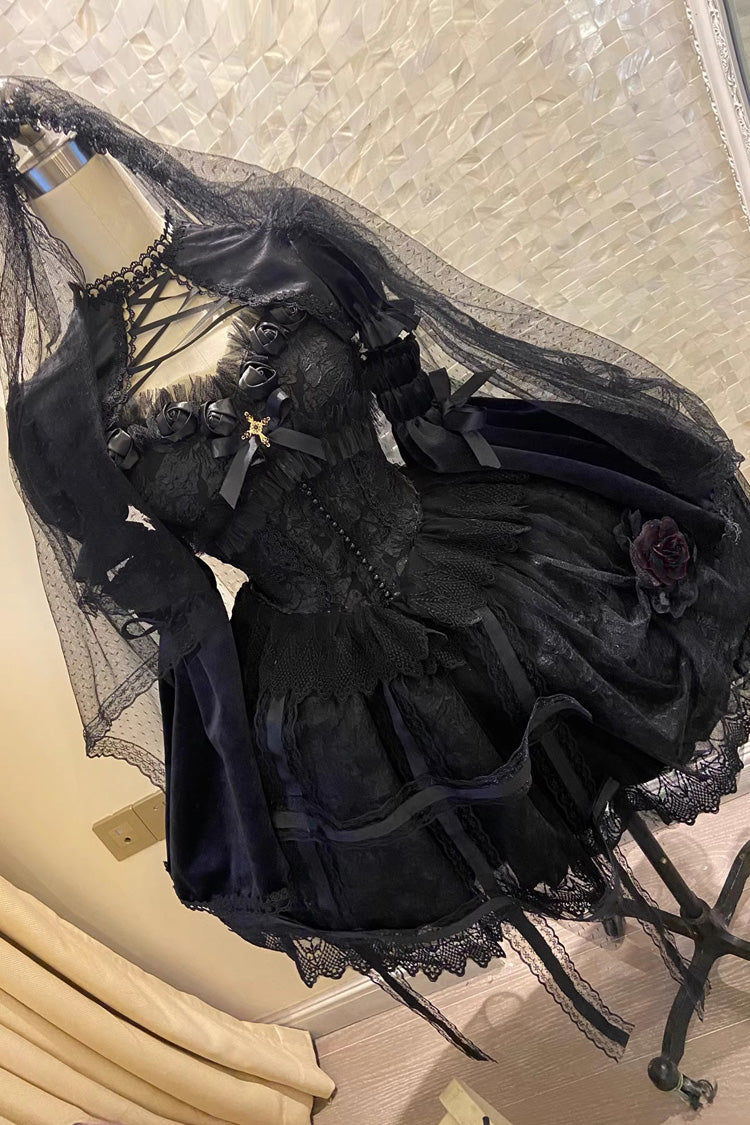 Black Rose Cage Ruffle Bowknot Lace Mesh Gothic Elegant Lolita Jsk Dress