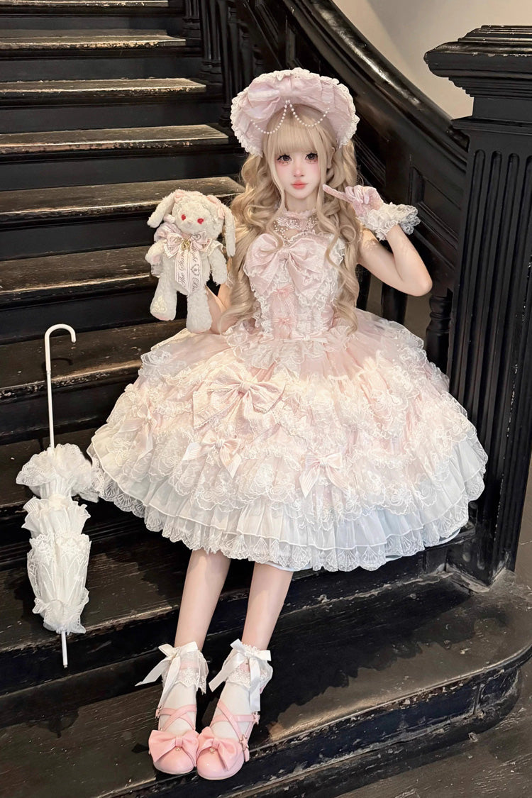 Pink Sakura Dream Romance Sleeveless Multi-Layered Ruffled Hanayome Bow Lace Sweet Princess Lolita Jsk Dress