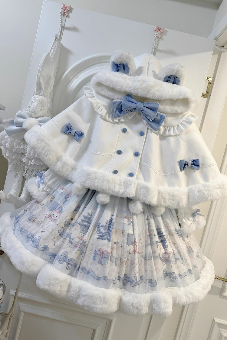 White Winter Fluffy Bea Sleeveless Print Bowknot Sweet Lolita Jsk Dress