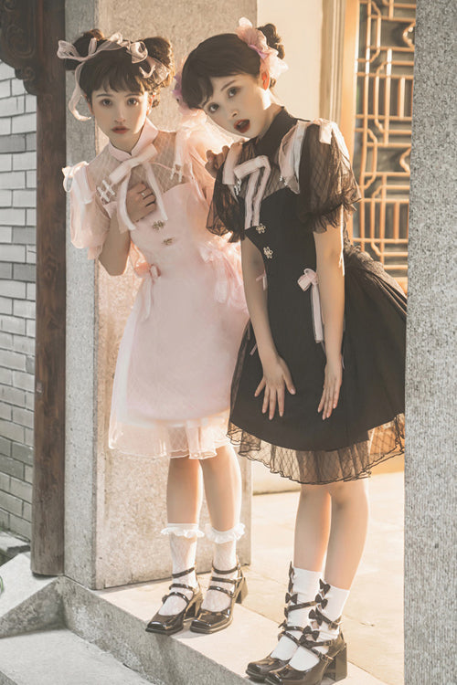 Chinese Style Stand Collar Lace Puff Short Sleeve Delicate Sweet Lolita Dress