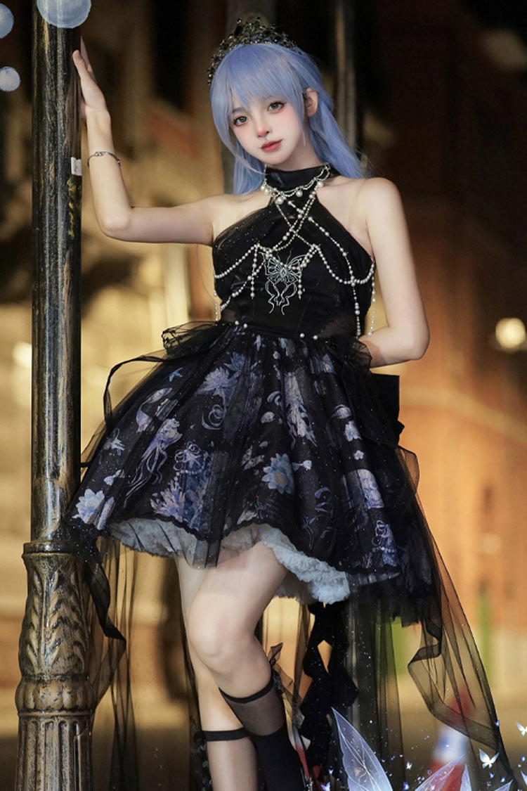 Blue Deep Sea Jellyfish Halterneck Sleeveless Print Embroidery Bowknot Lace Sweet Elegant Lolita Jsk Dress