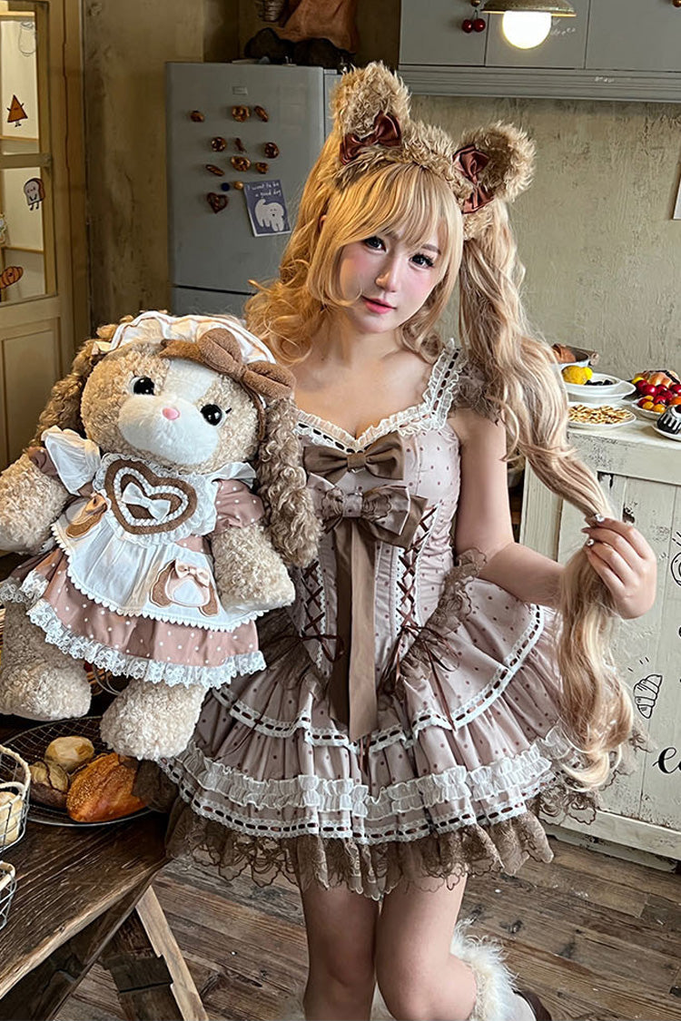 Brown Coco Ballet Sleeveless Double-Layered Bow Lace Lace-Up Sweet Princess Ballet Lolita Jsk Dress