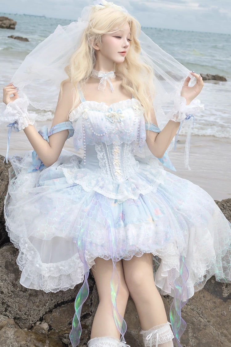 Sea Blue Mermaid's Tears Sleeveless Ombre Printed Hanayome Pearl-Decorated Sweet Lolita Jsk Dress Set