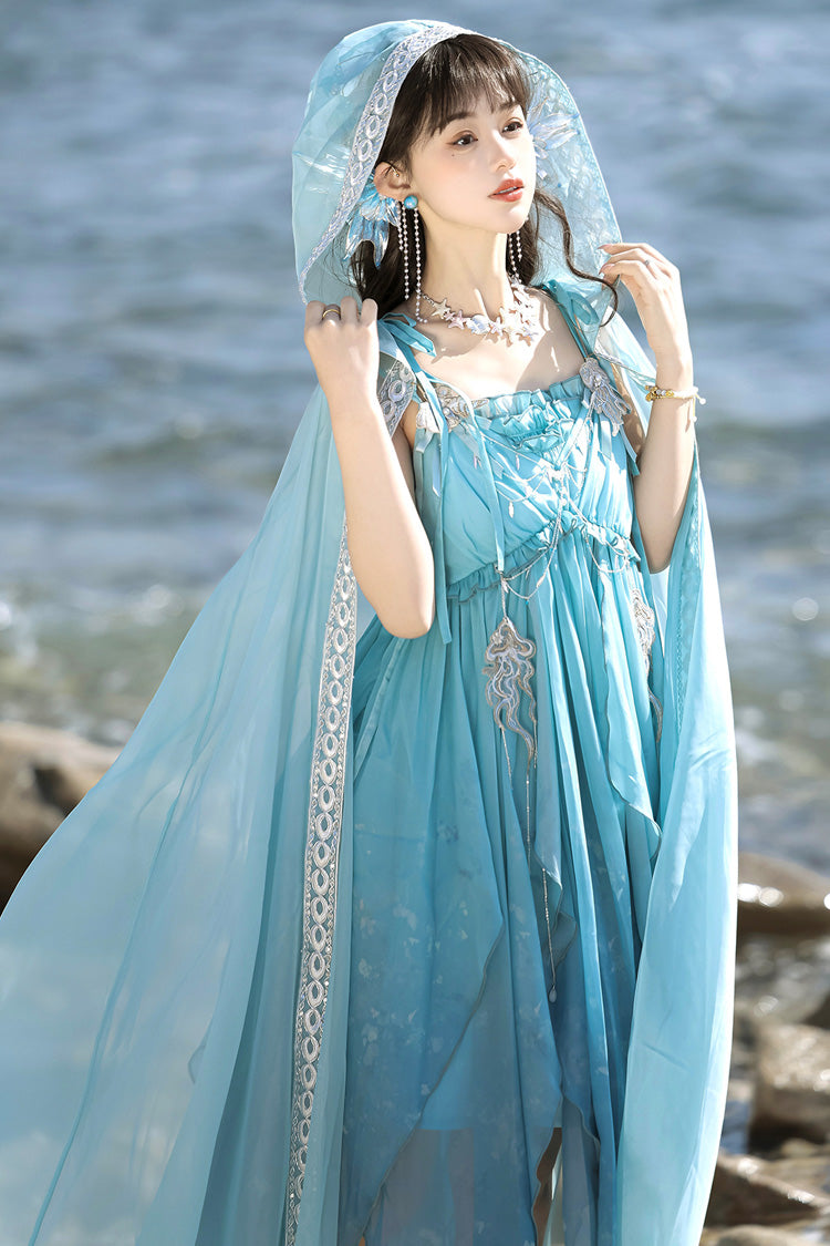 Blue Ocean Sprite Gradient Print Irregular Hooded Sweet Lolita Jsk Dress Cloak Set