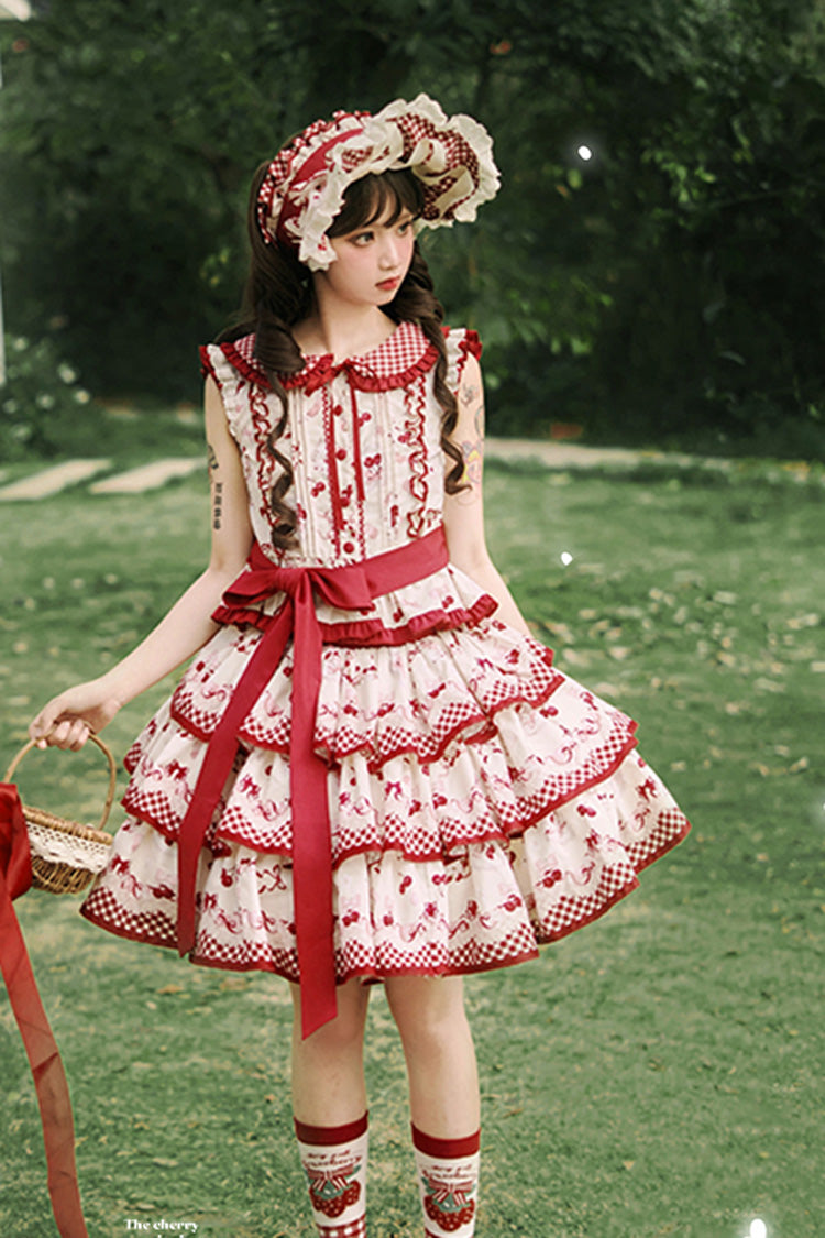 Red Triple-Layered Cherries Are Ripe Print Ruffle Sweet Lolita Skirt Set