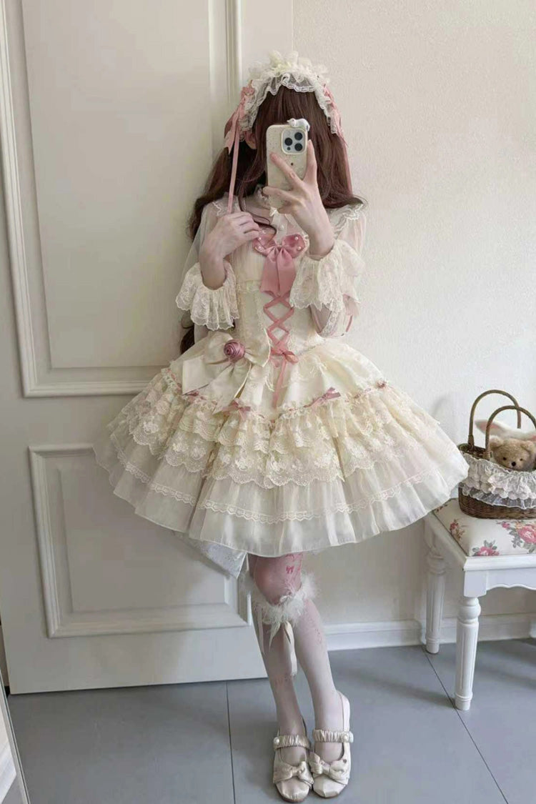Apricot Rose Canticle Sleeveless Multi-Layered Bowknot Lace Lace-Up Pearl Ballet Sweet Lolita Jsk Dress