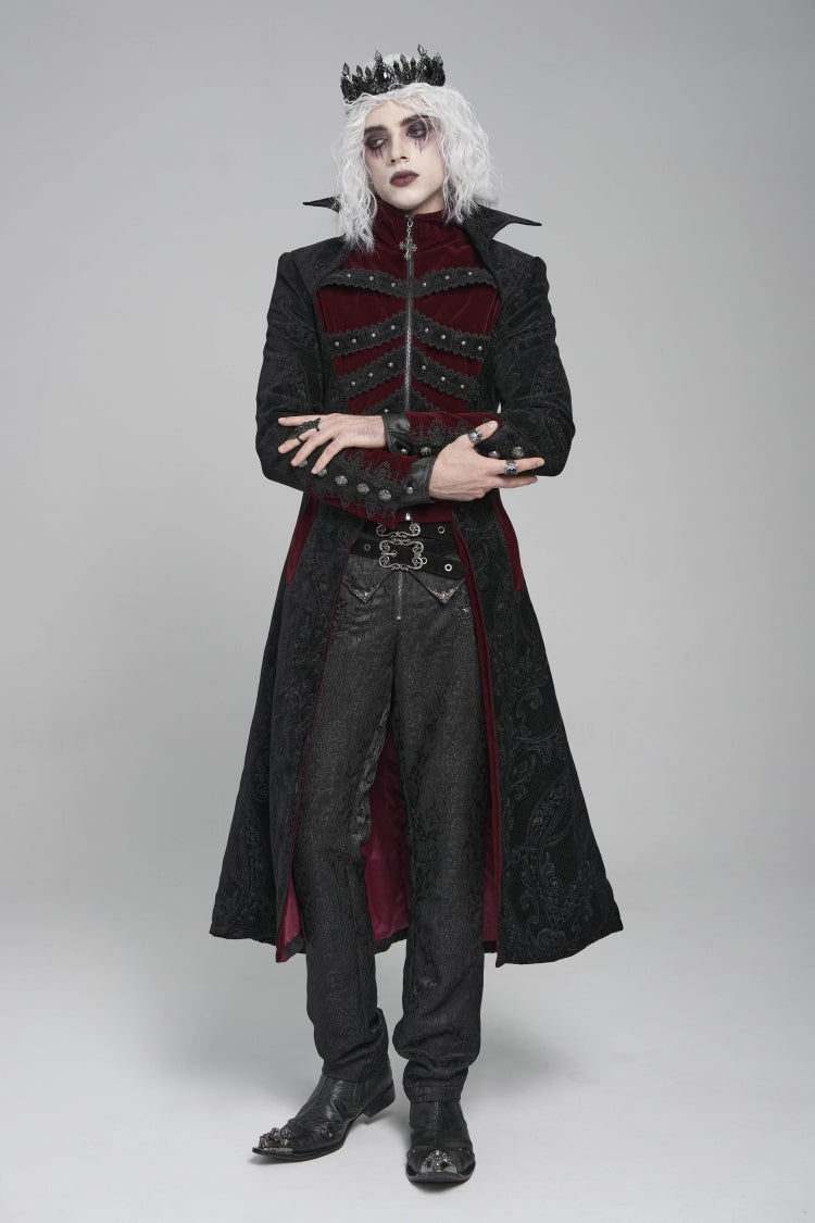 Black/Red Diamante Stand Collar Long Sleeves Printed Zippered Men's Gothic Long Coat