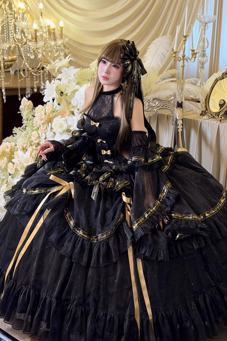 Black Obsidian Banquet Double-Layered Ruffled Hanayome Bow Lace Sweet Gothic Princess Lolita Jsk Dress
