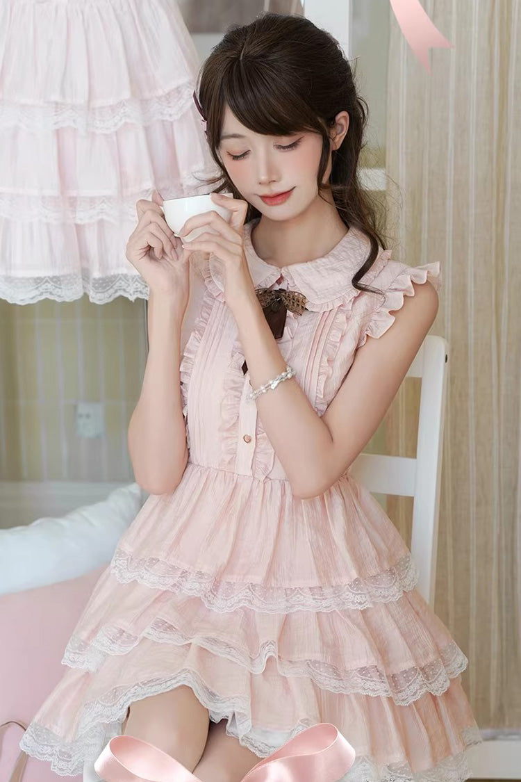 Pink Doll Collar Triple-Layered Ruffled Bow Lace Sweet Lolita Dress