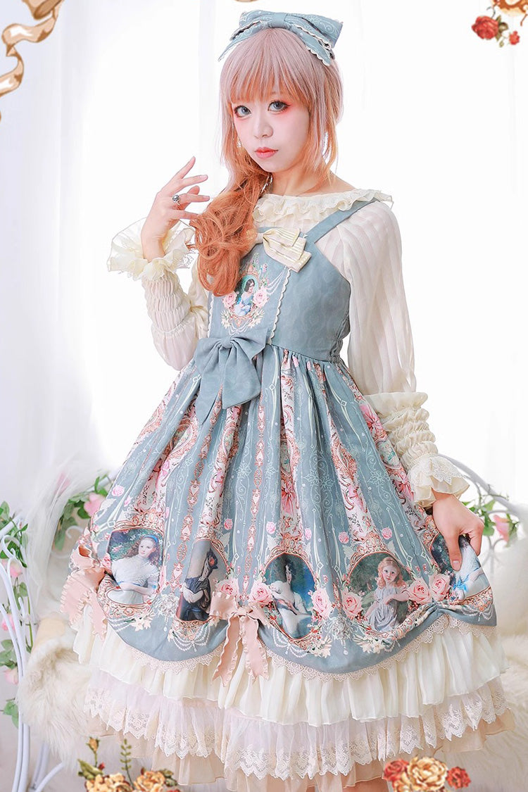 Portrait of A Little Lady Print Ruffle Bowknot Lace Classic Vintage Elegant Lolita Jsk Dress 3 Colors