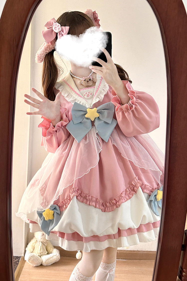Pray Star Long Sleeves Double-Layered Ruffle Bowknot Stitching Lace Sweet Lolita Dress 5 Colors