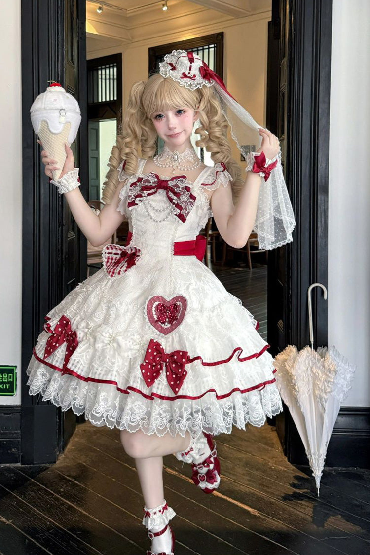 White Polka-Dot Love Letter Sleeveless Double-Layered Bowknot Lace Pearl Sweet Lolita Jsk Dress
