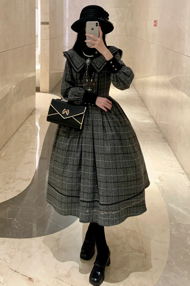 Grey Fontainebleau Long Sleeves Plaid Print Bowknot Elegant Sweet Lolita Dress