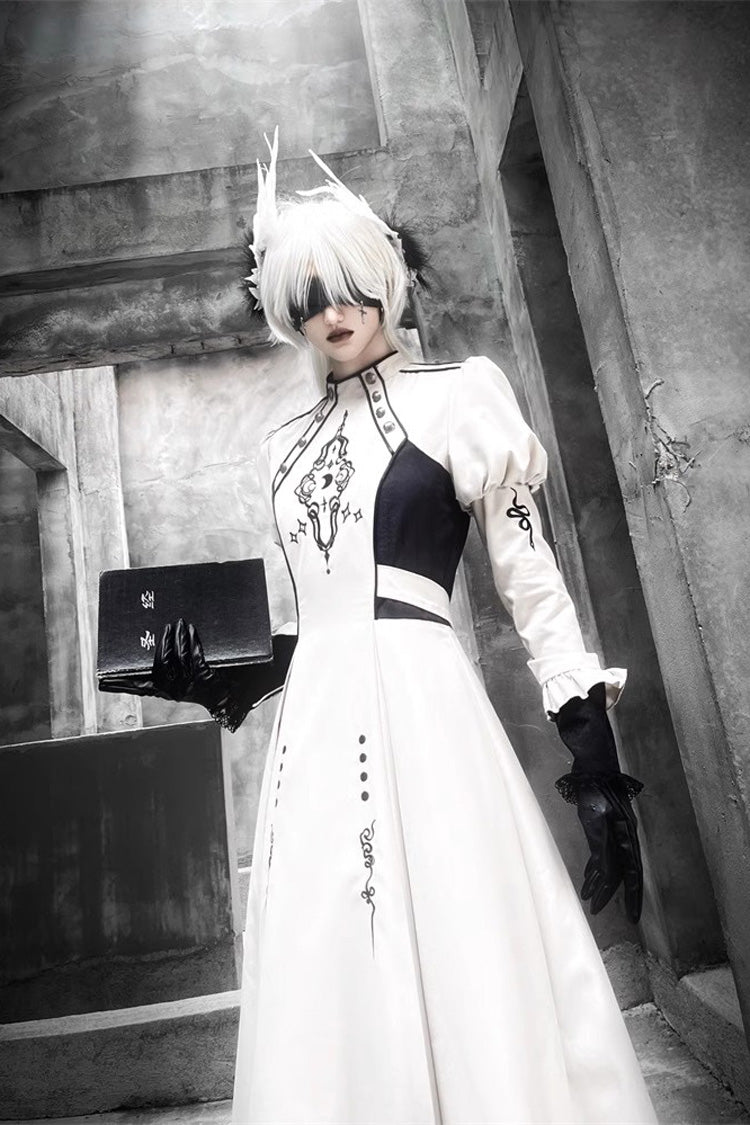 White Long Sleeves Moon Talisman Print Gothic Lolita Long Dress