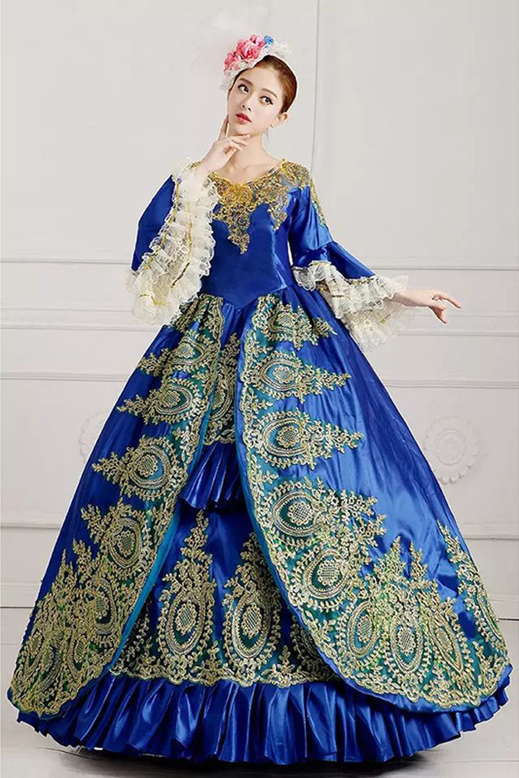 Multi-Layer Half Sleeves Trumpet Sleeves High Waisted Hollow Embroidery Floral Print Ruffled Victorian Lolita Prom Dress