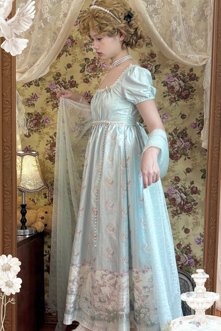 Green Spring of Nai Square Collar Short Sleeves Print Pearl Sweet Elegant Lolita Dress