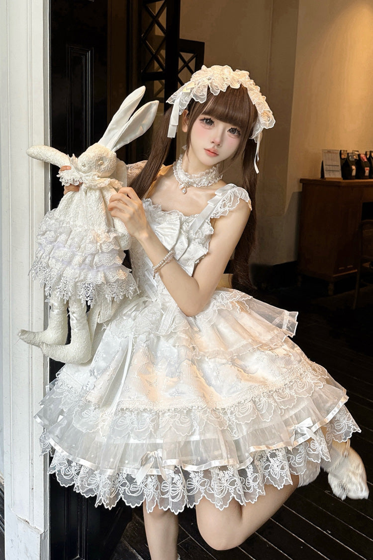 White Fleishi Island Sleeveless Ruffle Bowknot Lace Slim Sweet Ballet Lolita Jsk Dress