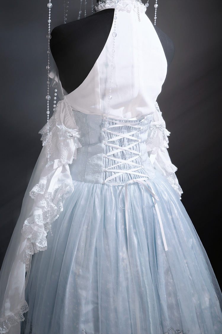 Blue Snow Lily Print Ruffle Hanayome Embroidery Bowknot Lace-Up Sweet Elegant Princess Lolita Skirt Set