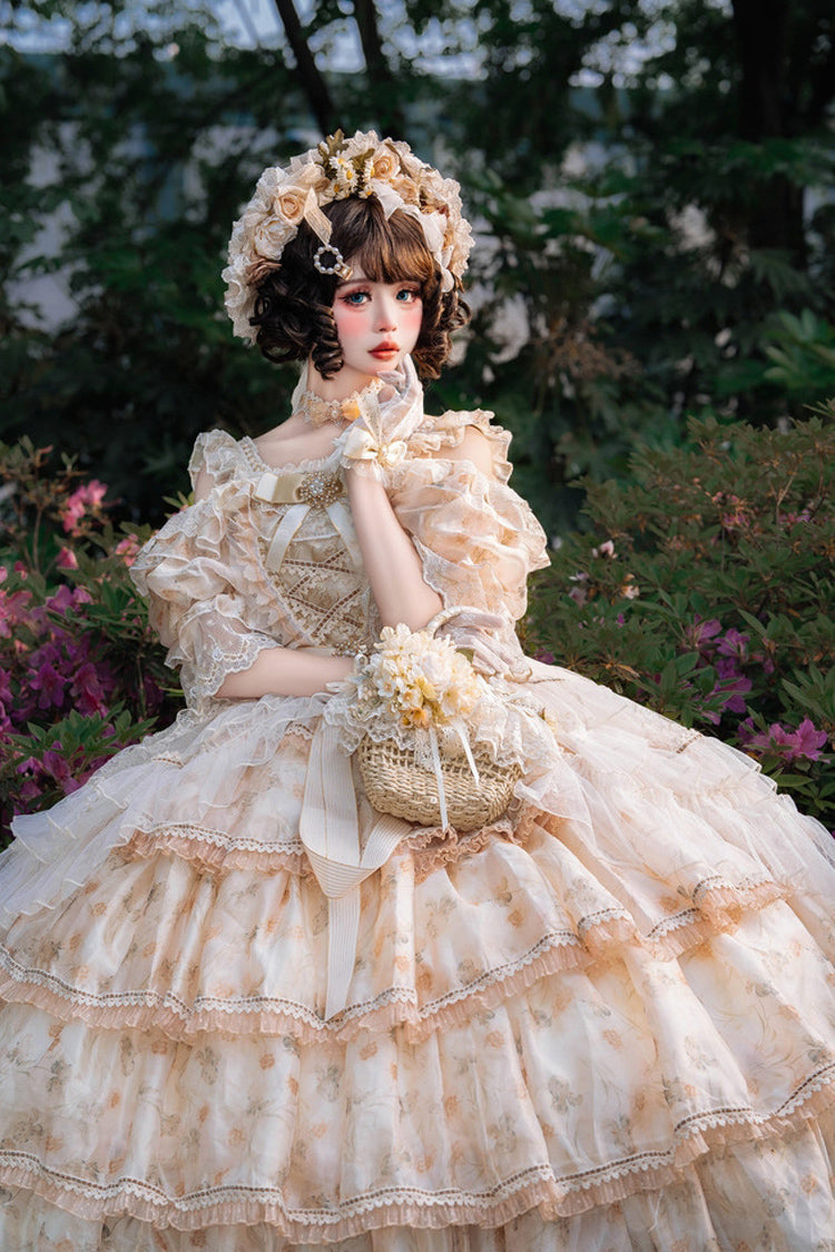 Yellow Rose Letter Off Shoulder Triple-Layered Print Ruffle Hanayome Sweet Princess Lolita Dress