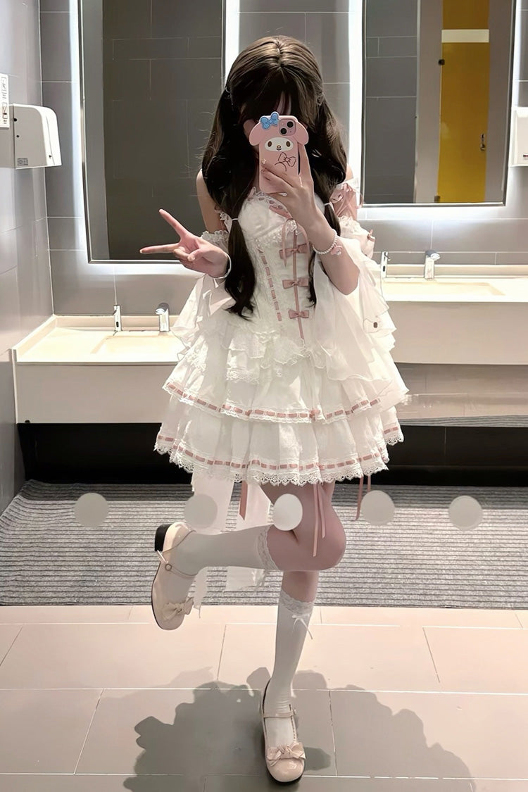 White Little Love Song Detachable Trumpet Sleeves Ruffle Bowknot Lace Sweet Lolita Top Skirt Set