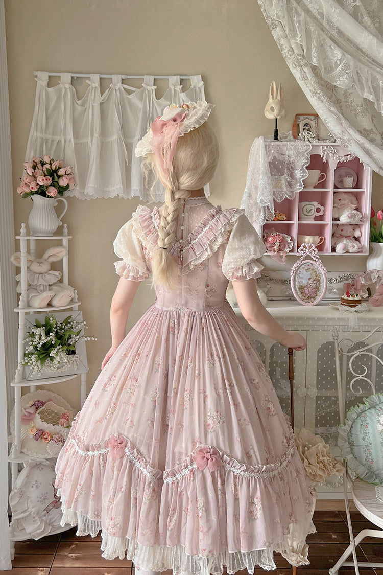 Daydream Rose Short Sleeves Floral Jacquard Print Ruffle Embroidery Bowknot Sweet Lolita Dress 3 Colors