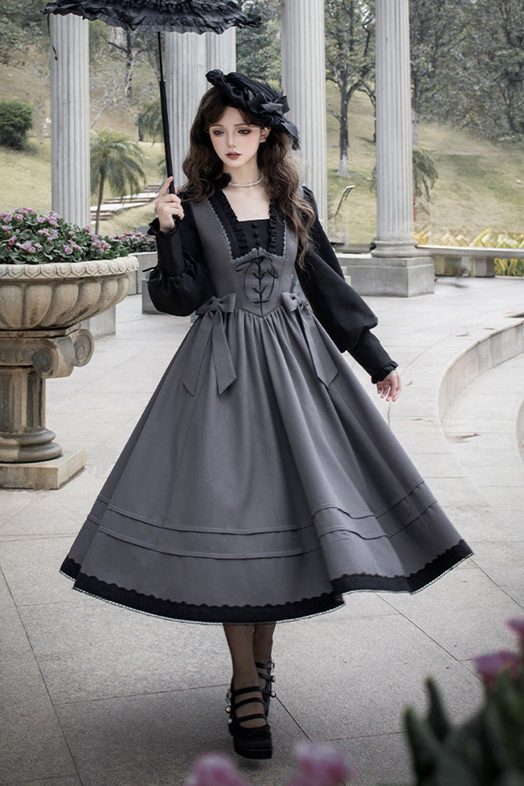 Grey Mist Chronicle Square Collar Long Sleeves Bowknot Lace-Up Color-Block Fake Two Pieces Classic Lolita Dress