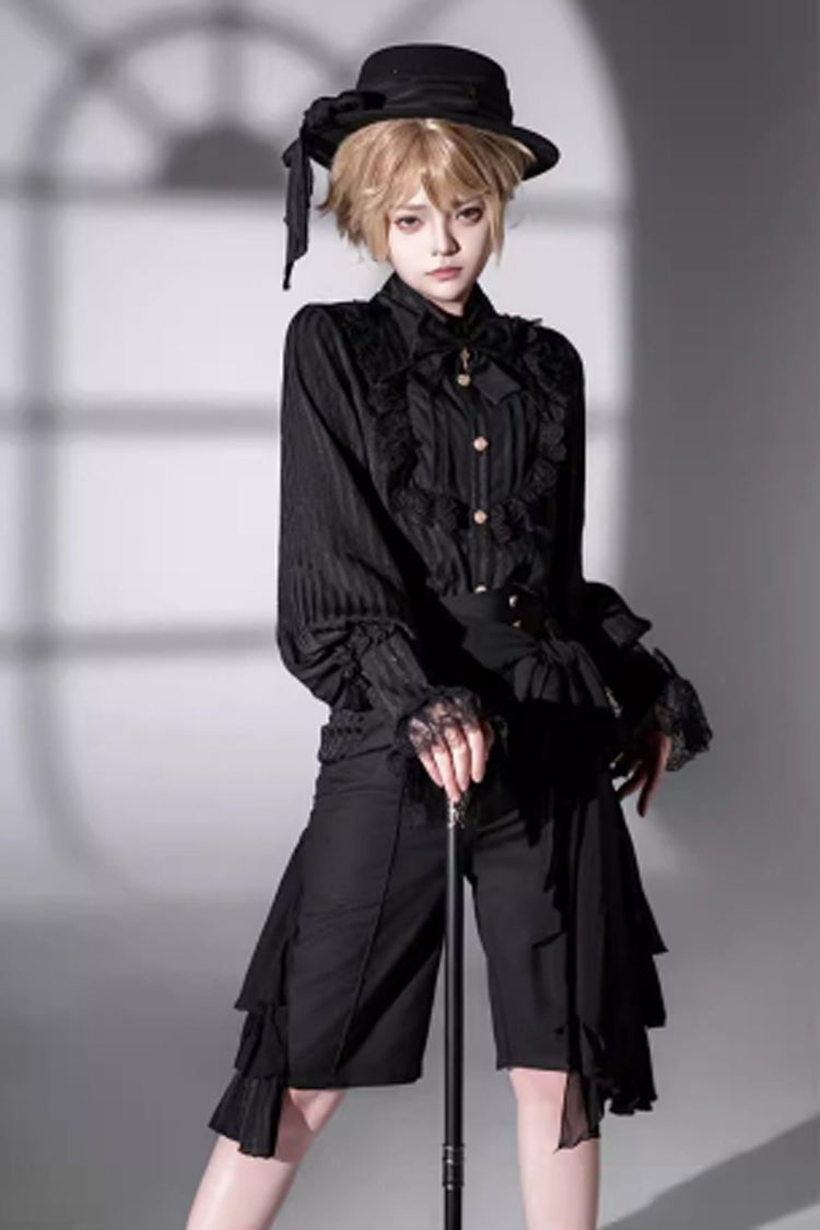 Black Eternal City Long Sleeves Lace Gothic Prince Medieval Ouji Lolita Blouse Knee-Length Shorts Set