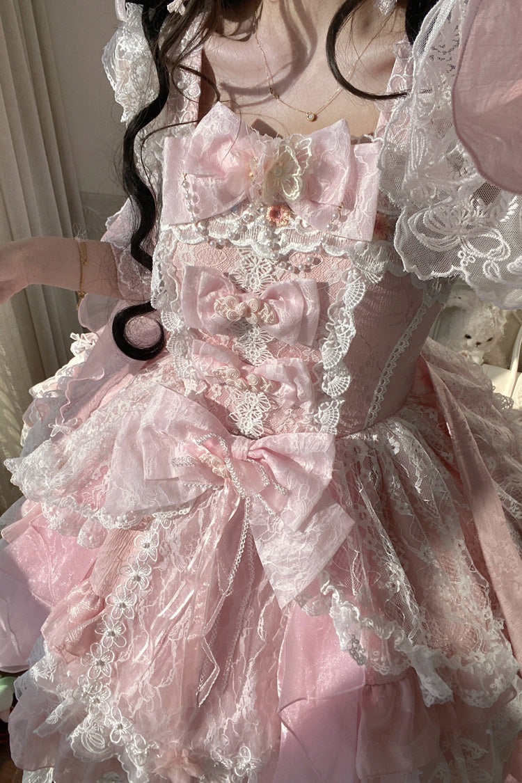 Pink Spring Waters Reflecting Pear Blossoms Ruffled Embroidered Open-Front Bow Lace Sweet Lolita Jsk Dress
