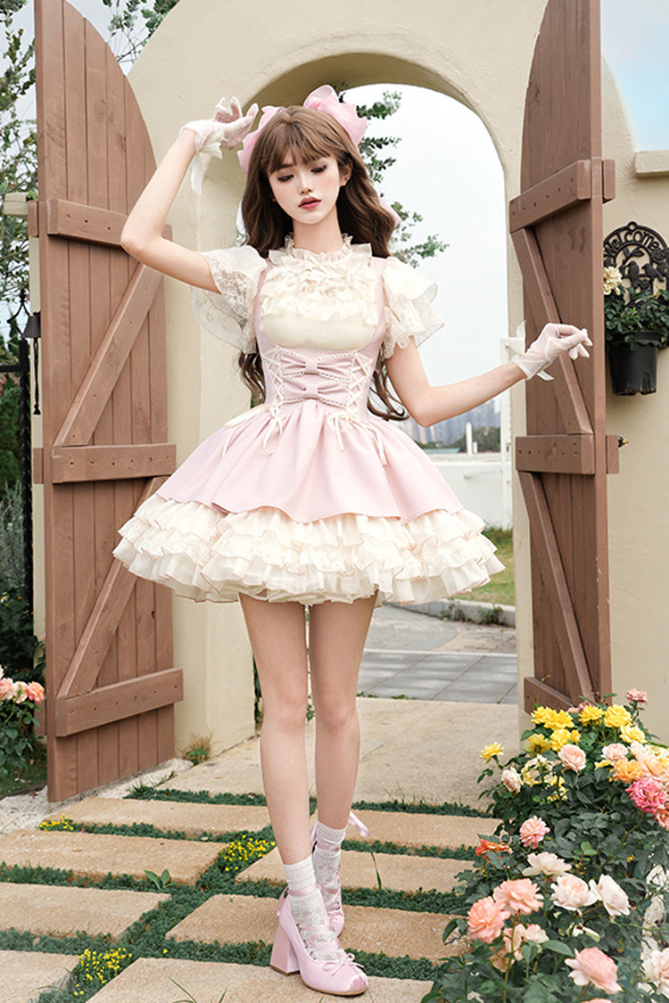 Pink Love Diary Multi-Layered Ruffle Bowknot Lace-Up Sweet Lolita Jsk Bustier Dress