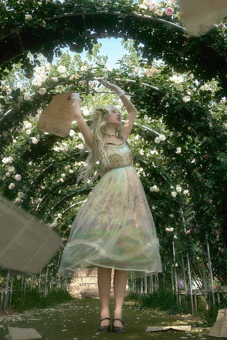 Green Oil Painting – Spring Sleeveless Print Ruffle Bowknot Lace Sweet Lolita Jsk Dress