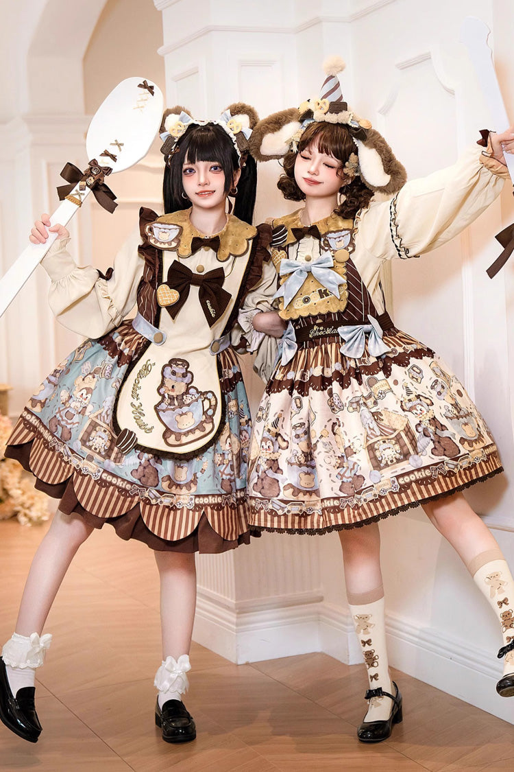 Bear Cookies Print Long Sleeves Ruffle Bowknot Sweet Lolita OP Dress 2 Colors