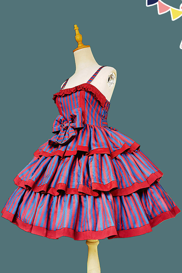 Stripe Print Cloth Cat Triple-Layered Ruffle Bowknot Sweet Lolita Dress 4 Colors