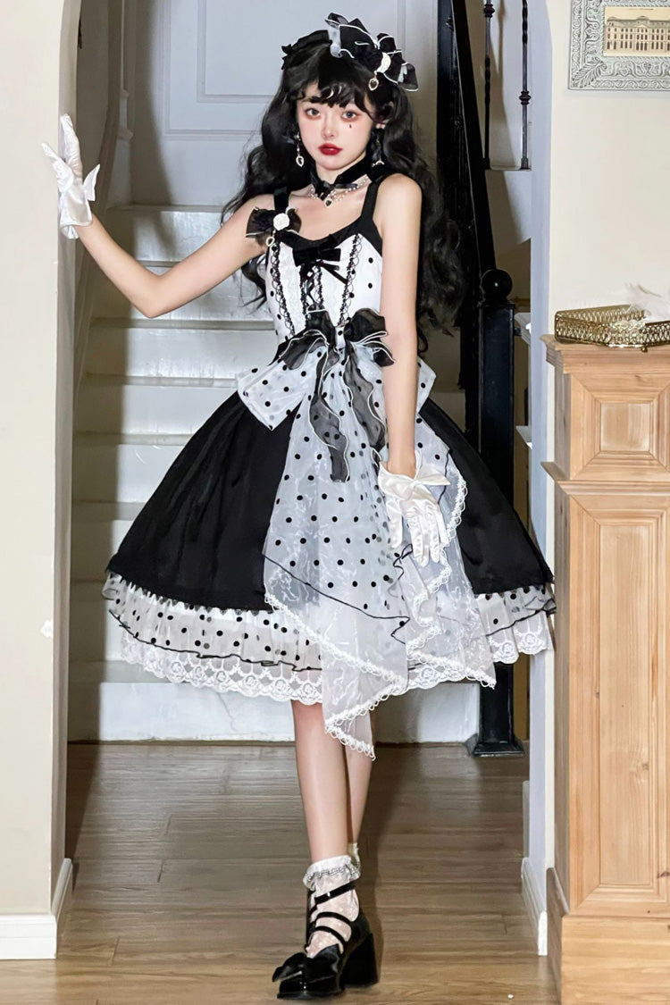 Black Polka Waltz Sleeveless Print Bowknot Stitching Lace Gothic Lolita Jsk Dress