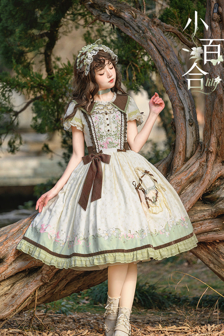 Green/Ivory Lily Short Sleeves Print Ruffle Embroidery Bowknot Lace Sweet Elegant Lolita Dress