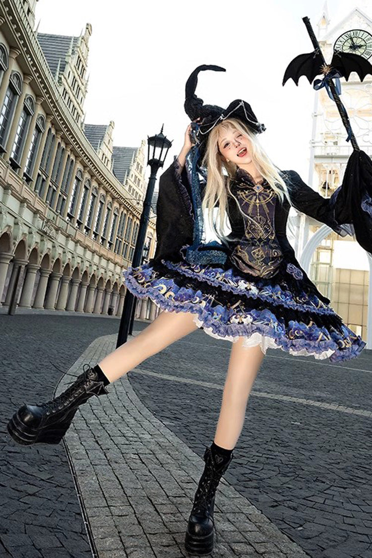 Black Astrology Cat Long Sleeves Double-Layered Print Ruffle Lace Gothic Lolita Dress
