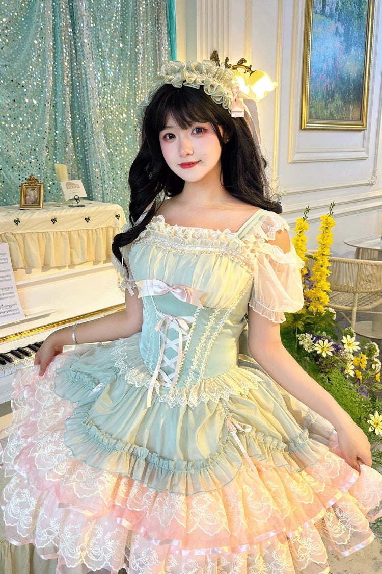 Green Bale Bebe Sleeveless Triple-Layered Ruffled Bow Lace-Up Sweet Ballet Lolita Dress
