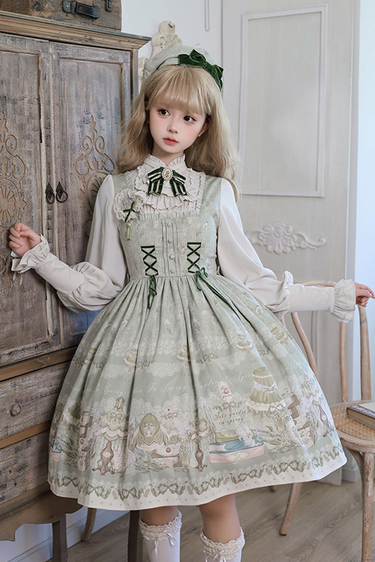 Iris Study Square Collar Print Bowknot Lace-Up Sweet Lolita Jumper Dress 2 Colors