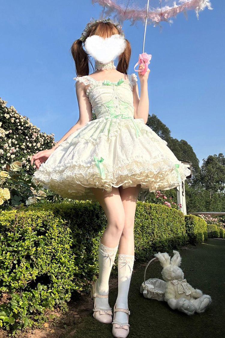 Green Leiffu Sleeveless Ruffle Bowknot Lace Lace-Up Sweet Ballet Lolita Jsk Dress