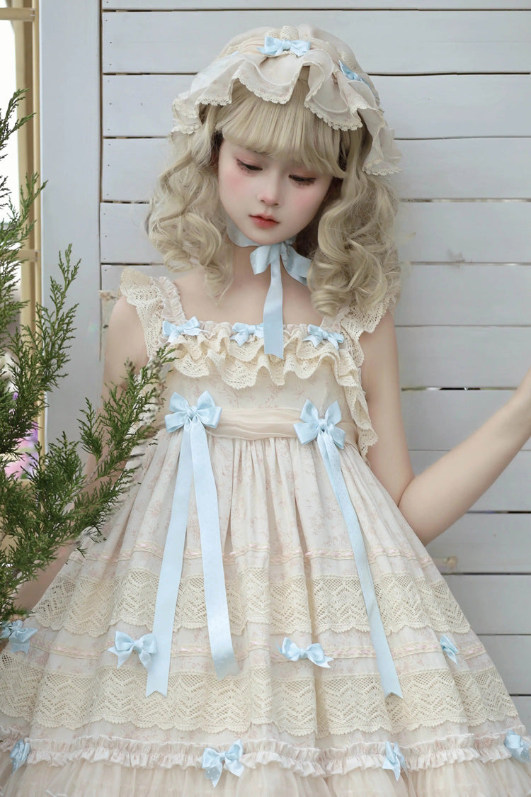 Beige Little Wind Chime Sleeveless Multi-Layered Printed Ruffled Bow Lace Sweet Elegant Princess Lolita Jsk Dress
