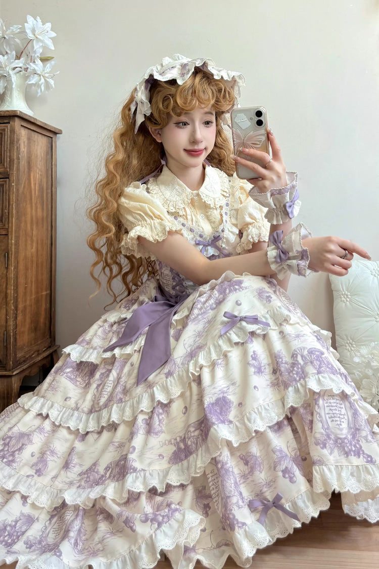 Purple Grape Moon Almanac Sleeveless Multi-Layered Printed Ruffled Bow Adjustable-Length Sweet Lolita Jsk Dress