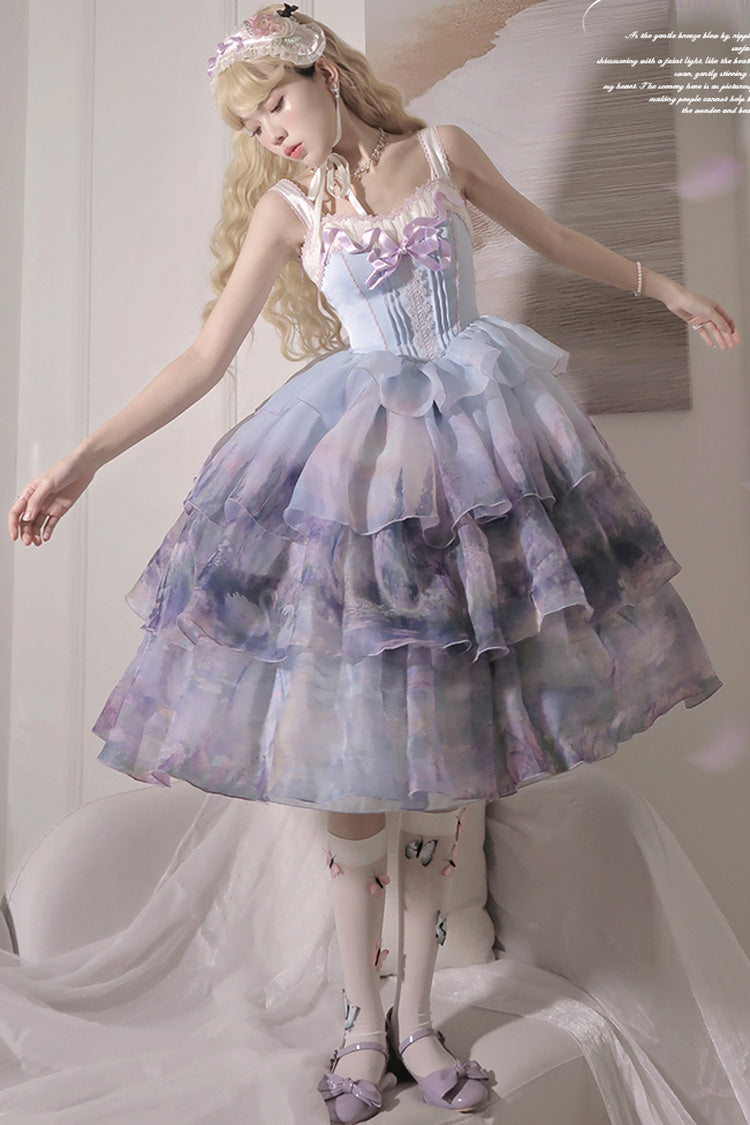 Multi-Color Three-layer Swan Lake Print Oil Painting Ruffle Bowknot Sweet Lolita Jsk Dress