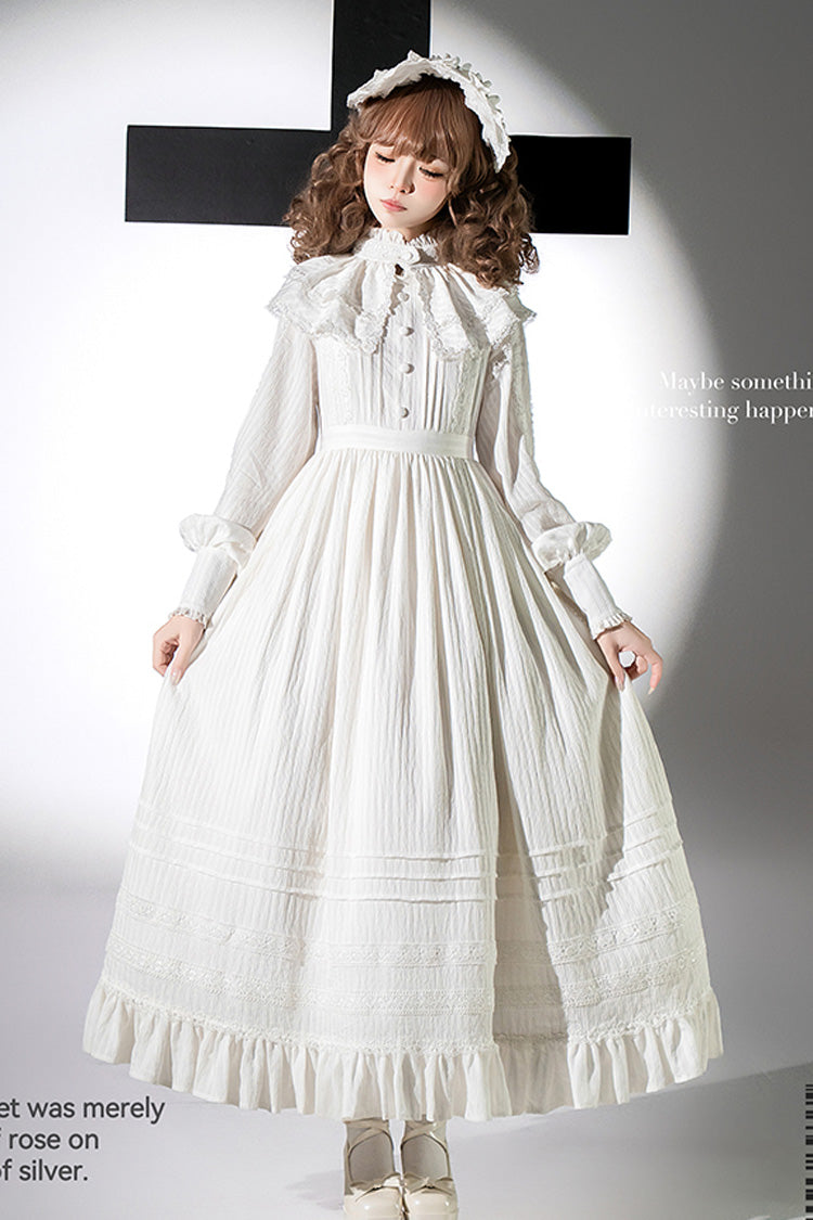 White Quiet Place Long Sleeves Jacquard Ruffle Embroidery Bowknot Gothic Lolita Dress